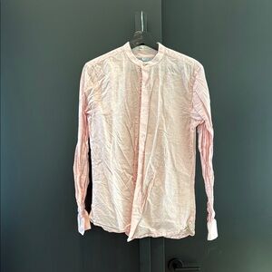 Men's Zara Pink/Salmon Striped Cotton Linen Mandarin Collar Shirt
